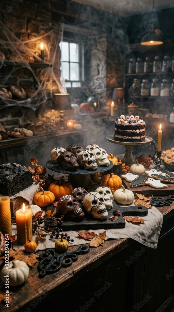 Fototapeta premium Skull cookies and spooky cake on candlelit Halloween dessert table in smoky kitchen. Halloween concept.