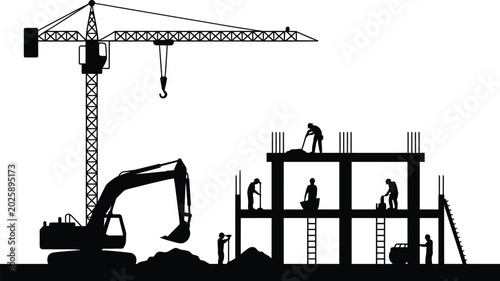 Foto Construction site with crane excavator and workers building structure on transparent background vector illustration