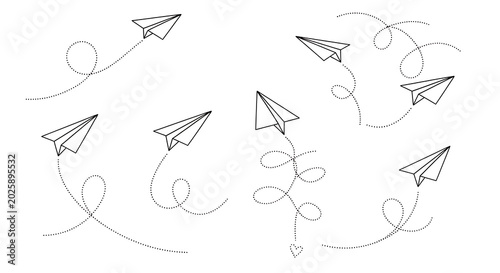 Paper airplanes flying in a dotted line path illustration with paper airplane white background transport illustration collection movement childhood adventure
