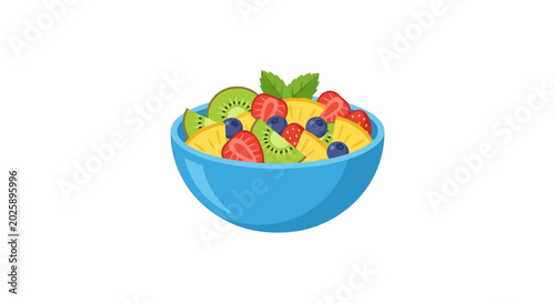 Fotografija fruit salad in blue bowl flat vector illustration on white background