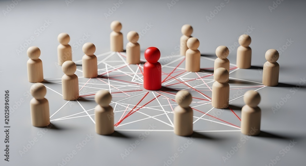 Obraz premium Organizational network concept, red wooden human and wooden figures connected with lines
