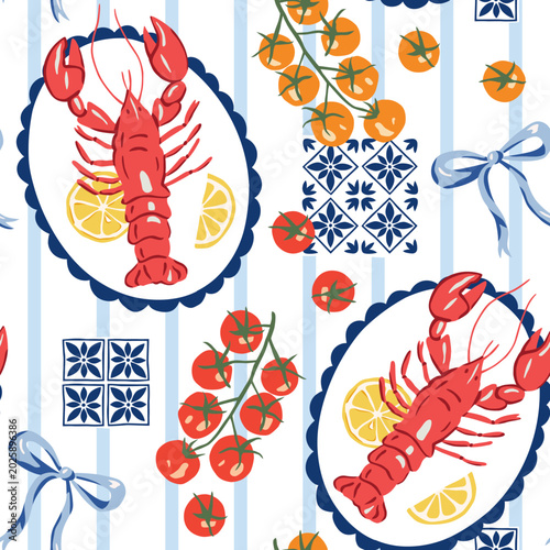 Lobsters, lemon fruits, plates, cherry tomatoes, bows, blue ceramic tile, striped white background. Vector illustration. Seamless pattern. Summer trendy design. Mediterranean sea food. Italian coast 