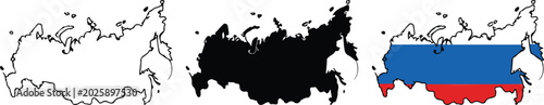 Russia map vector illustration icon set with outline silhouette and national flag design element isolated on white background