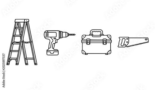 Quadro su tela Construction tools linear icon set with stepladder power drill toolbox and hand