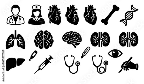 Medical silhouette vector icon set with doctor nurse avatars human anatomy organs heart brain lungs and healthcare symbols