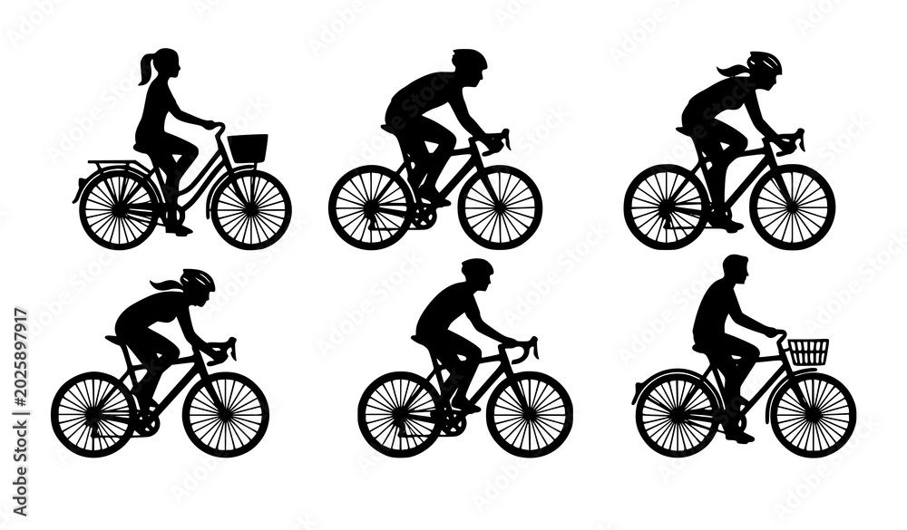 Naklejka premium Modern flat design cyclist vector illustration set with colorful urban commuter and road racing bicycle characters