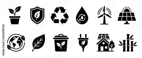 Ecology environment sustainability green energy icons collection represents various eco-friendly concepts and renewable resources for a healthier planet.