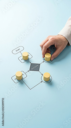 Professional hand placing a wooden cylinder on a printed flowchart to illustrate a strategic business decision