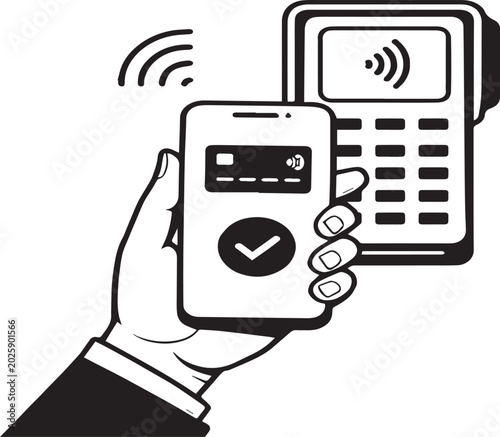 Hand holding a smartphone performing a contactless payment at a terminal isolated on a white background for business branding.
