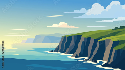 Majestic Ocean Rocky Cliff Coast Landscape with High Mountain Hill and Clear Blue Sky Sea Water Flat Vector Illustration Background