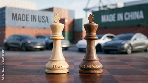 USA and China chess kings standing before cargo containers and modern cars