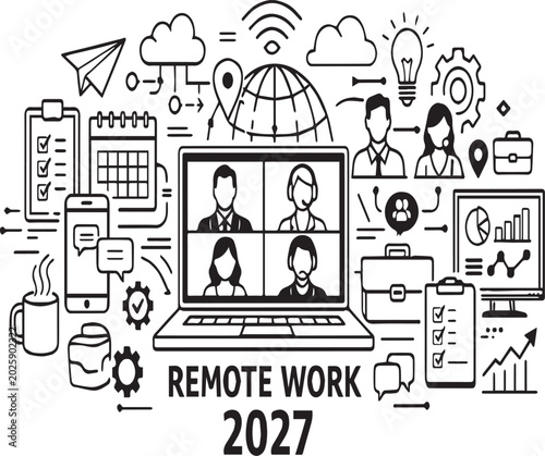 Remote work concept showing a laptop with a video conference call isolated on a white background for business presentations.