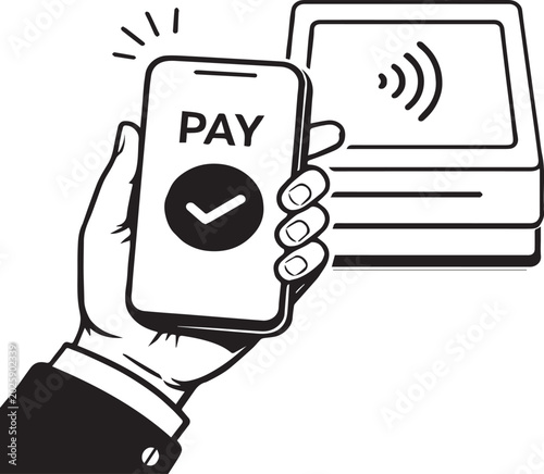 A hand holds a smartphone to complete a contactless payment at a terminal isolated on a white background for business use.