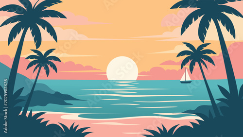 Beautiful Tropical Beach Landscape at Sunset with Palm Trees and Small Sailboat on Ocean Horizon Flat Vector Illustration Background