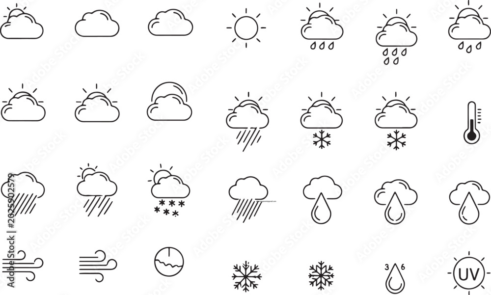 Obraz premium Weather forecast icon set featuring clouds sun rain snow wind temperature and humidity symbols in a clean minimalist line art style