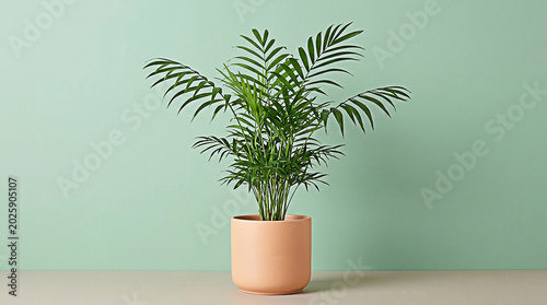 Vibrant green parlor palm houseplant sitting inside a minimalist peach ceramic pot in this studio photo