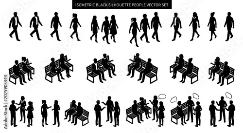 Bild auf Leinwand isometric black silhouette people and benches vector set