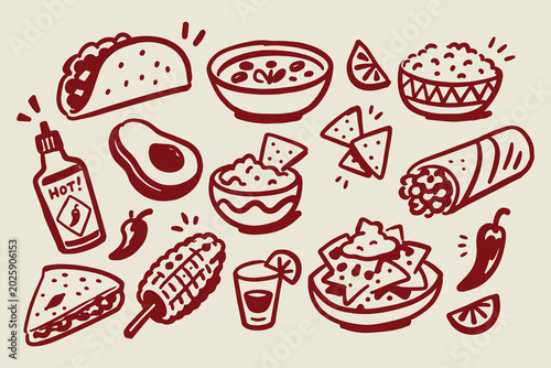 Mexican Food Set Red Doodle Sketch Vector