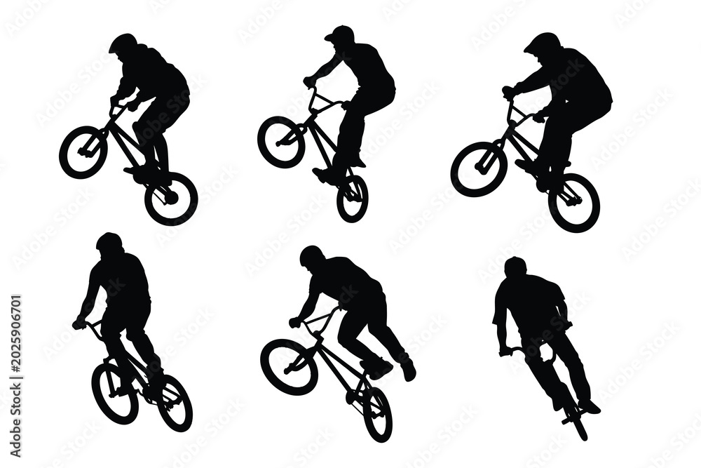 Naklejka premium Set of BMX Bicycle Rider Silhouettes Performing Stunts and Extreme Jumping Tricks Isolated on White Background