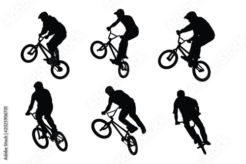 Set of BMX Bicycle Rider Silhouettes Performing Stunts and Extreme Jumping Tricks Isolated on White Background