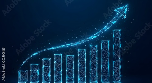 Dynamic digital illustration of a bar graph with an upward trending arrow