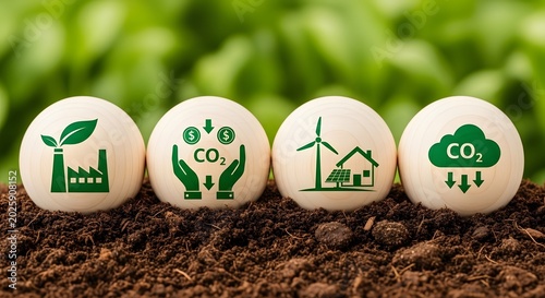 Four white balls with green icons representing environmental sustainability initiatives and carbon dioxide reduction efforts on a bed of soil.