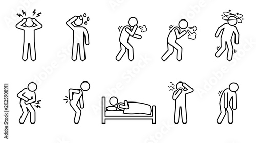 Sick man symptoms stick figure icon set vector. Flu illness, body pain, headache, fever, cough, stomachache, and medical health problems concept illustration