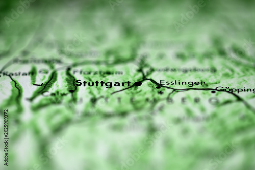 Close up top view of map of german cities Stuttgart and Esslingen