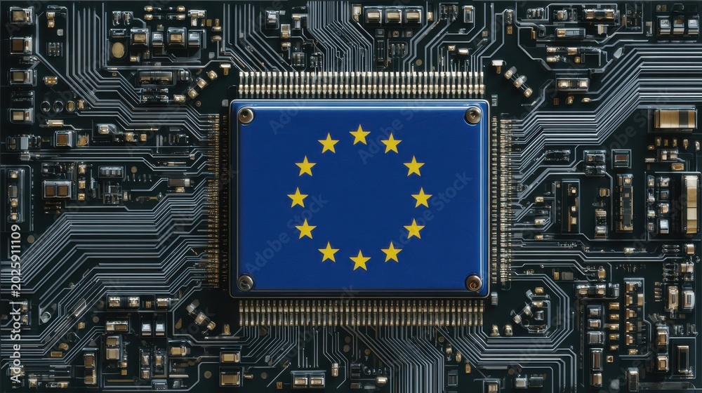 Fototapeta premium Circuit board with microchip featuring European Union flag design and complex patterns of connections in a technology setting