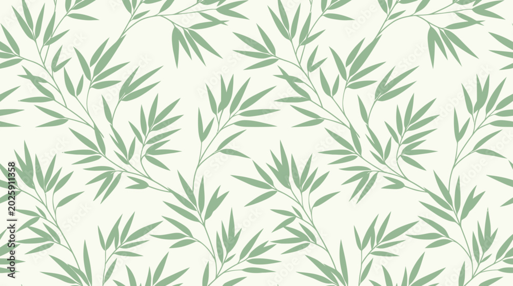 Fototapeta premium Simple flat vector bamboo leaf seamless pattern, clean botanical illustration, soft green palette, minimal modern background