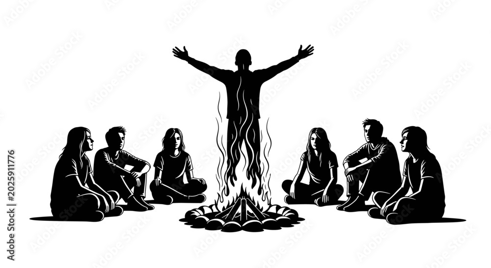 Obraz premium Silhouette of people sitting around a campfire with a leader standing with raised arms, spiritual ceremony, bonfire gathering, isolated vector. 