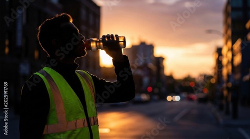 Silhouette of a person in a safety vest drinking from a water bottle at sunset in a city