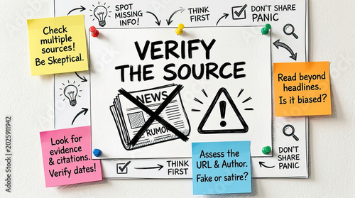 Verify source concept with notes about fake news, skepticism, and critical thinking on whiteboard, emphasizing careful evaluation and avoiding panic