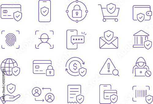 Digital payment security icon set minimalist line art vector collection