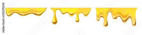 Melting cheese, honey, cream drips with golden honey flow on white background. Yellow glossy liquid texture patterns. 3D food realistic vector illustrations set.