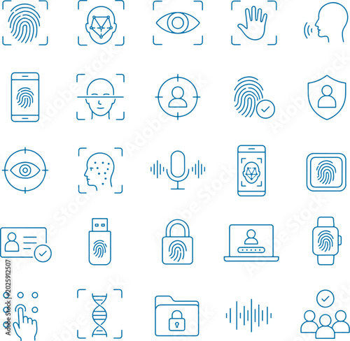 Biometric technology icon set minimalist line art vector 2px stroke monochrome security identity UI grid