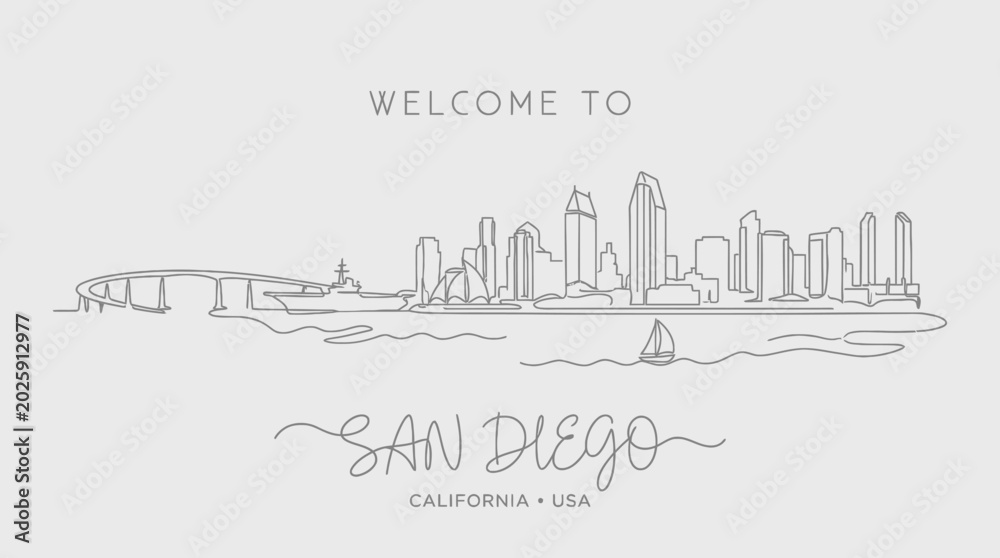 Fototapeta premium San Diego Skyline: Minimalist Line Art with Welcome Message