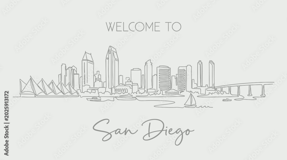 Fototapeta premium San Diego Skyline Illustration - Modern Minimalist Cityscape Drawing