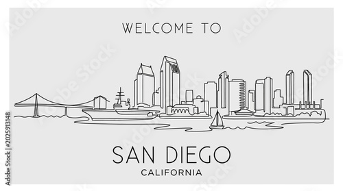 San Diego Cityscape Line Art Drawing - Welcome to California