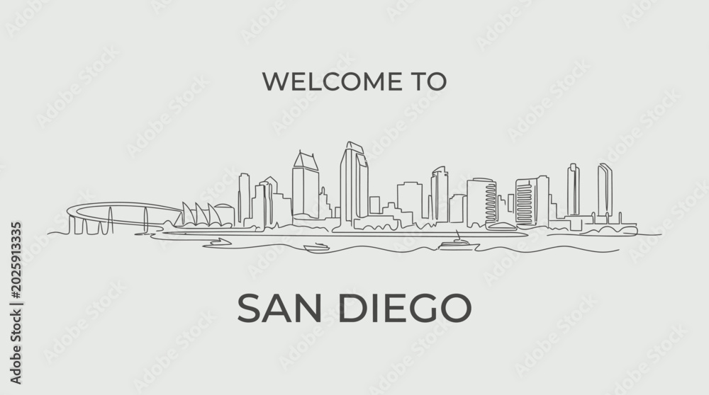 Fototapeta premium San Diego Skyline Illustration: Welcome Text Above Cityscape