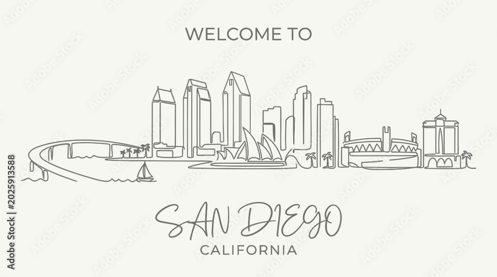 Fototapeta premium San Diego Skyline Illustration: Minimalist Art. Cityscape Design