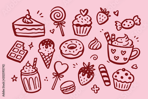 Dessert and Candy Set Doodle Sketch Vector