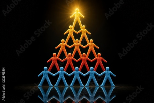 Human Pyramid of Colorful Figures with a Glowing Top Figure on a Dark Background.