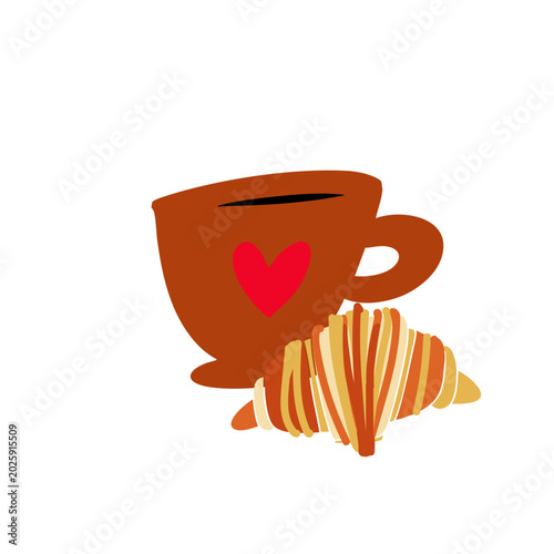 Coffee cup and croissant illustration in cozy cafe style with warm bakery aesthetic. Minimal breakfast themed artwork isolated on white background.