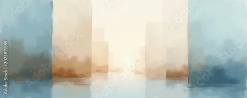 Panel kuchenny z motywem Abstract art with soft pastel blue and beige tones. Rough brush strokes create textured planes resembling modern architecture. Calm, airy, and minimalist.