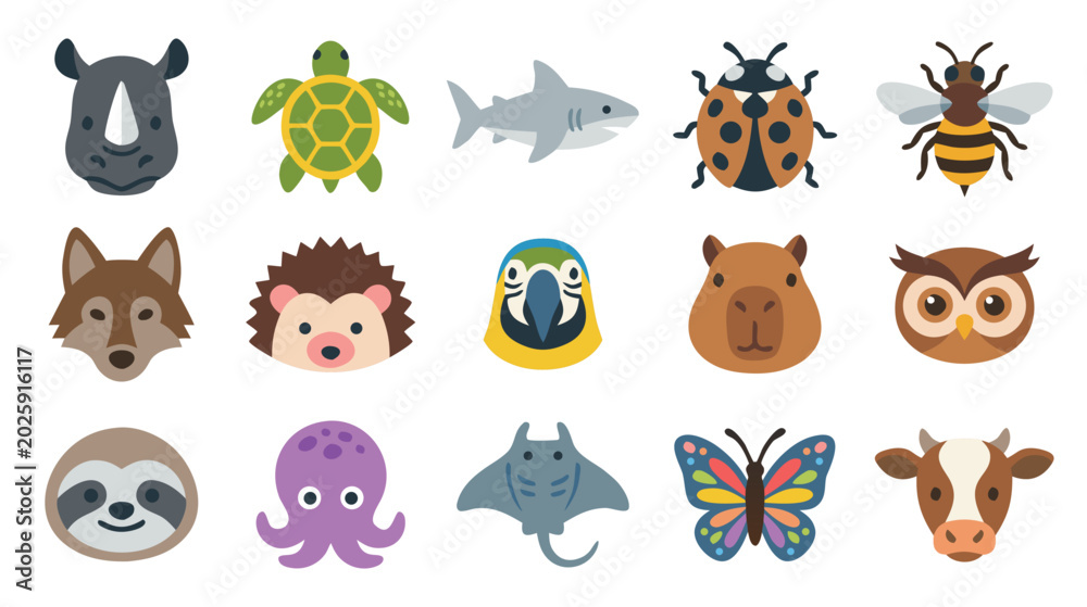 Obraz premium Flat animal avatars and wildlife icons set for stickers and graphic design