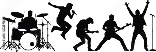 Black silhouettes of rock band musicians performing live concert with guitars, drums, and singers for music vector design