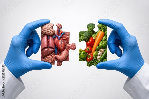 Medical professional holding puzzle pieces representing human organs and healthy food choices.