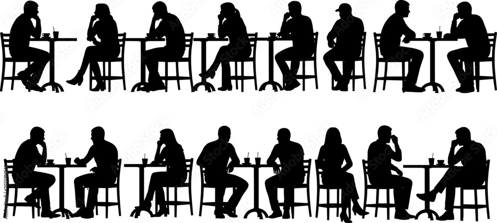 Obraz premium Black silhouettes of diverse people sitting at cafe tables, including men and women drinking coffee in a public restaurant setting.