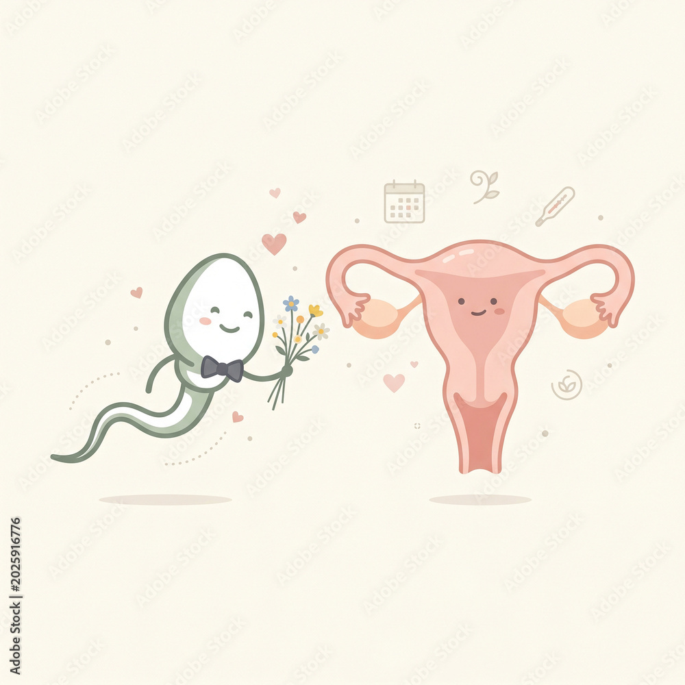Fototapeta premium Cute minimalist illustration of a charming sperm cell with a bow tie giving flowers to a happy uterus, flirting and seduction concept for pregnancy planning and human reproduction